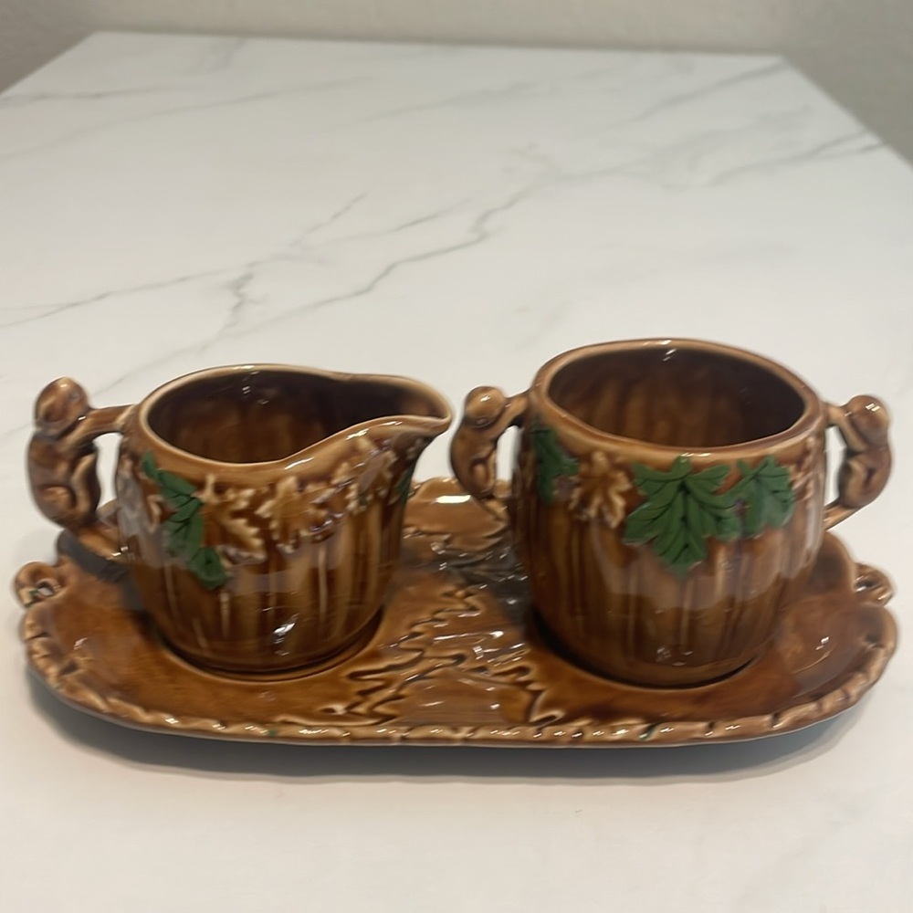 Squirrel Handle Shafford vintage Pottery Sugar and Creamer & tray set